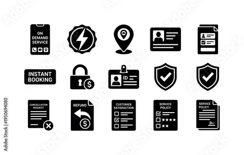 On demand service smartphone screen, real time request lightning badge, location pin service icon, service provider profile card,