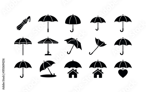 Collection of black umbrella icons and symbols for weather protection and safety