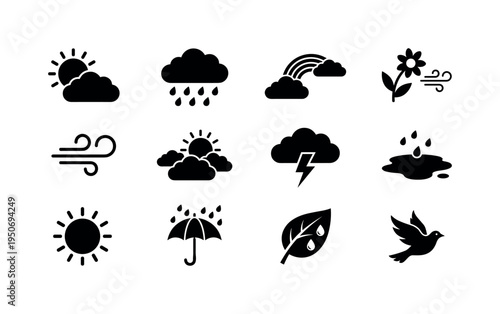 Rain cloud weather icon, umbrella open, snowflake winter icon, sun bright icon, wind gust symbol, traffic congestion cars, fuel
