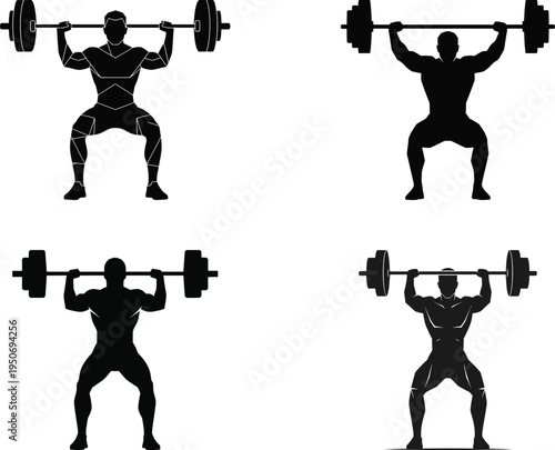 Silhouette weightlifter lifting barbell, strength training illustration