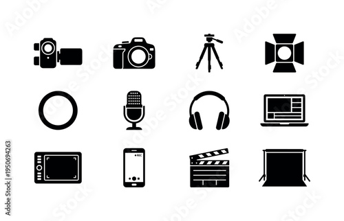 Video camera camcorder, DSLR photo camera, tripod stand, studio spotlight lamp, ring light circle, condenser microphone,