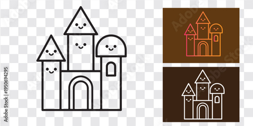 Castle cartoon icon design fairytale fortress smiling towers outline vector illustration isolated background graphic