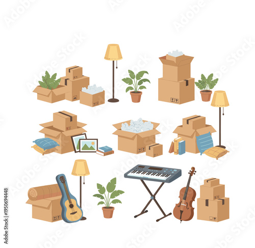 Cardboard boxes and packed belongings for home moving. Organizing and transporting household items for a new beginning