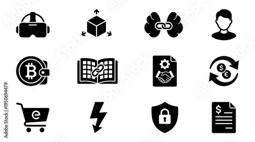 Virtual reality headset icon, augmented reality cube symbol, digital twin model icon, metaverse avatar character symbol, crypto