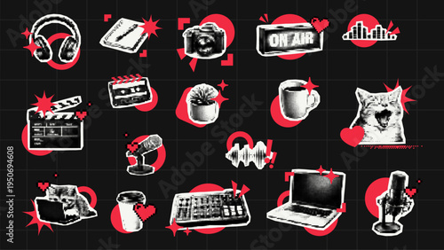 Set of trendy halftone collage sticker elements for content creator. Vector icons of camera, microphone, laptop and cat for social media marketing and digital creative design project.