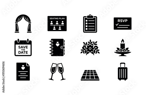 Wedding venue arch icon, wedding seating plan chart, guest list clipboard sheet, RSVP confirmation card, save the date calendar