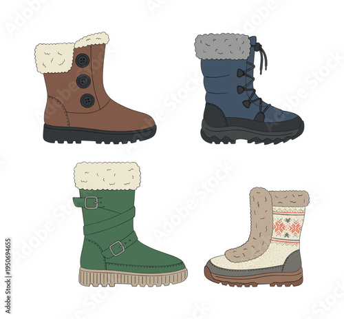 Winter boots collection showing various styles of warm footwear with fur trim, suitable for cold weather and snow