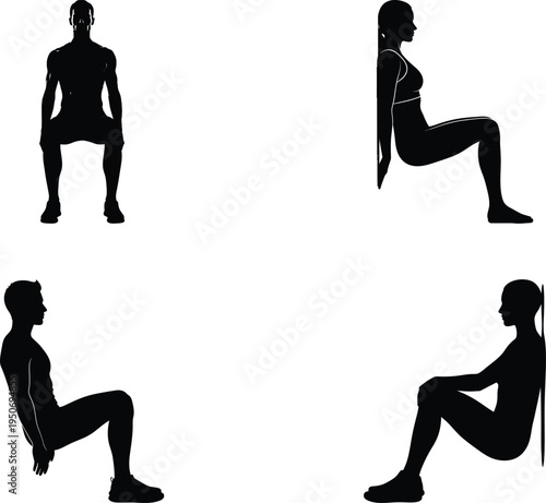 Silhouettes of people performing wall sit and squat exercises