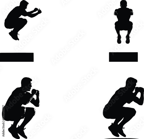 Silhouette man doing squat jump exercise set with healthy lifestyle