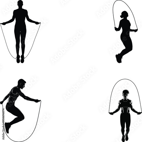 Silhouette people jumping rope for fitness and cardio with jump rope with rope skipping