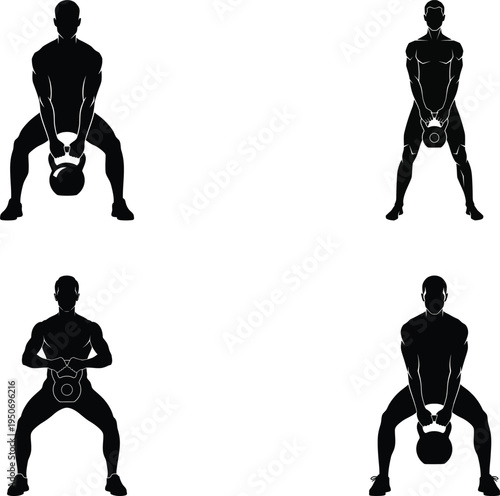 Man silhouette kettlebell exercises set isolated white background