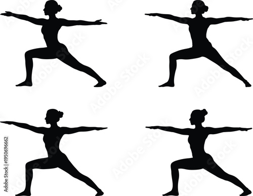 Four women in silhouette performing warrior yoga pose, side by side