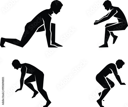 Silhouettes of men in dynamic workout and training poses, action shots