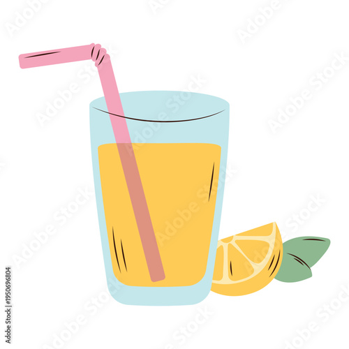 Fresh orange juice glass with straw and citrus slice – summer drink vector illustration