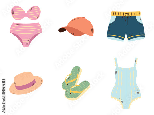 Summer beach clothing set with swimsuit hat shorts sandals and cap – vacation fashion vector illustration