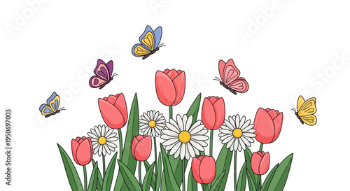 Colorful illustration of blooming tulips and daisies with butterflies flying around them on a white background for spring decoration
