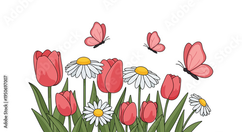 Colorful illustration of pink butterflies flying around blooming tulips and daisies on a white background, symbolizing spring season and March Equinox