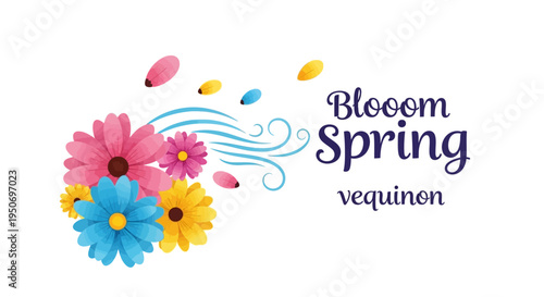 A colorful illustration of blooming flowers and a butterfly for spring decoration on a white background with floral and pink elements