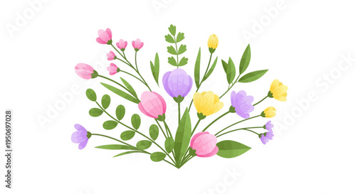 Colorful illustration of blooming tulips and flowers in shades of pink, yellow, and purple for spring decoration and business use on a white background