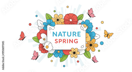 Colorful illustration of blooming flowers and butterflies celebrating the spring equinox with a floral decoration on a white background