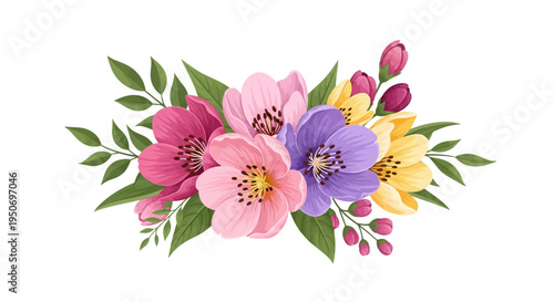 Colorful floral illustration of blooming flowers and leaves for decoration on a white background