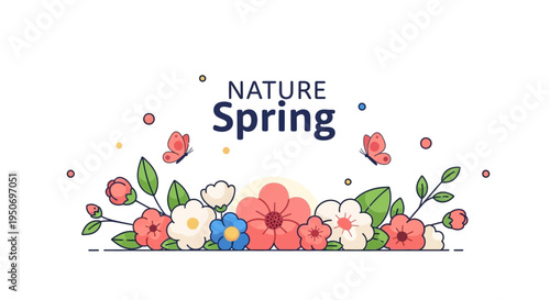 Colorful illustration of blooming flowers and butterflies for spring season nature background with a floral decoration and pink color scheme