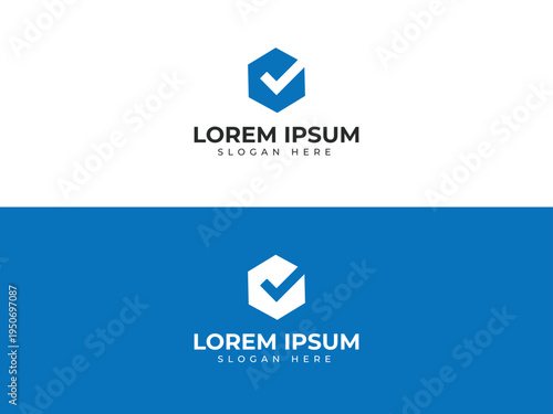 Blue and white logo design with checkmark and lorem ipsum text, Versatile branding template vector illustration