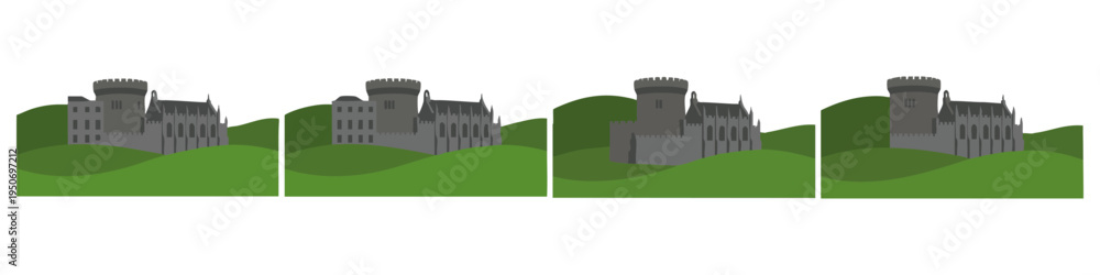 Fototapeta premium DUBLIN CASTLE - Grey stone fortress silhouette on green hills Flat Vector Illustration on Transparent Background