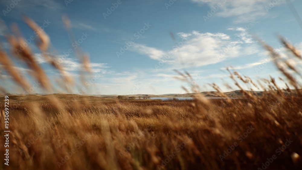 Fototapeta premium Tranquil Prairie Landscape with Golden Grass and Lake