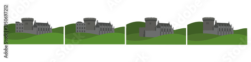 DUBLIN CASTLE - Grey stone fortress silhouette on green hills  Flat Vector Illustration on Transparent Background