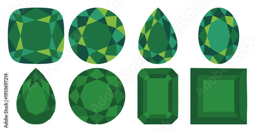 EMERALD GEM - Sparkling green jewel with a faceted surface  Flat Vector Illustration on Transparent Background