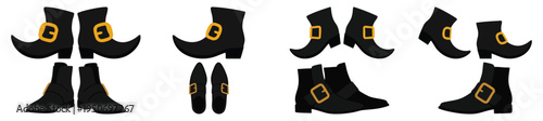  LEPRECHAUN BOOTS - Pointy black leather boots with gold buckles  Flat Vector Illustration on Transparent Background