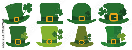  LEPRECHAUN HAT - Green top hat with a gold buckle and clover  Flat Vector Illustration on Transparent Background