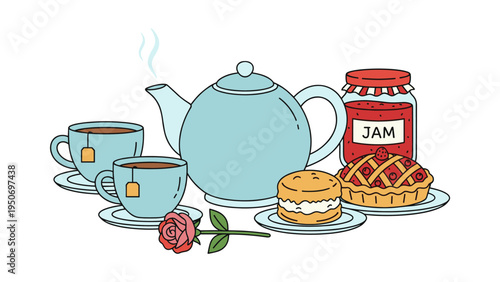 Traditional afternoon tea elements including a teapot, teacups, pastries, and a jar of jam, depicting a relaxing moment