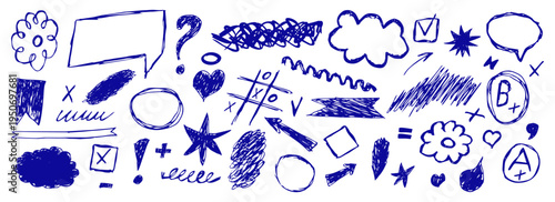 Hand drawn set of blue doodle elements isolated on white background. Collection of sketchy arrows bubbles hearts and marks for creative business planning and school design