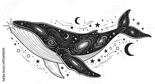 Cosmic whale illustration floating through space with celestial elements