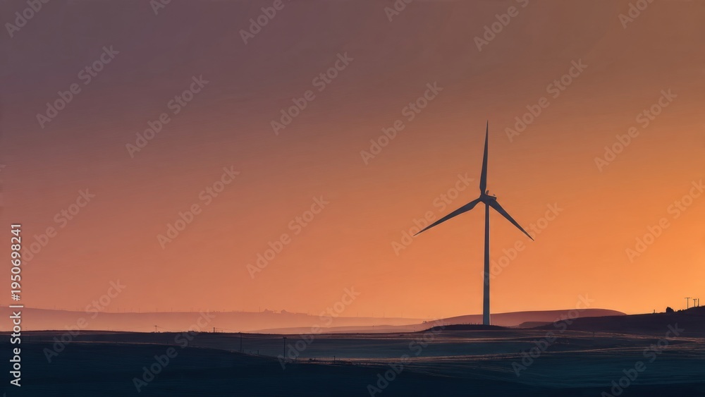 Obraz premium Wind Turbine Silhouette at Sunset in Serene Rural Landscape