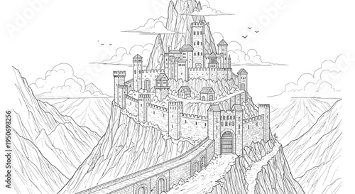 Detailed illustration of a majestic castle atop a mountain with a long bridge