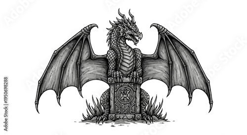Detailed illustration of a mythical dragon with outspread wings isolated
