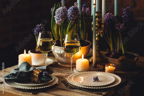 Floral cozy home decor for Easter holiday celebration. Fresh blooming spring hyacinth flowers. Beautiful house interior design, seasonal decoration