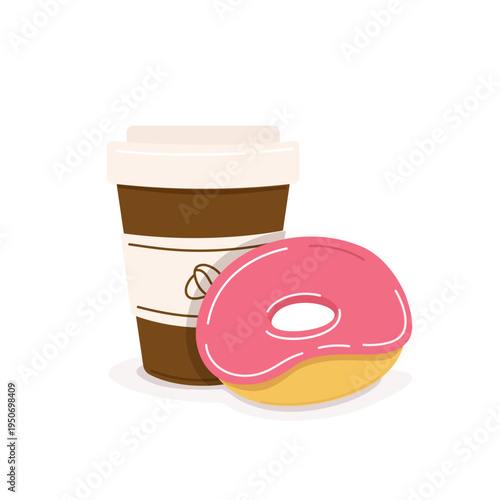 Coffee in takeaway cup and donut. Hot drink with sweet pastry, workplace or office snack, vector illustration.