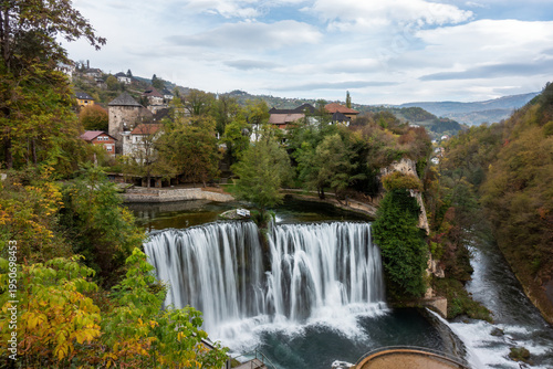 Waterfall in Jajce, Bosnia and Herzegovina, where the Pliva River flows into the Vrbas River.
