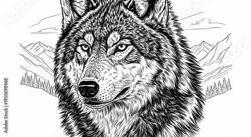 Detailed monochrome illustration of a wolf against a mountainous landscape backdrop