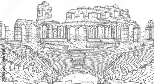 Ancient roman amphitheater ruins illustration black and white architecture