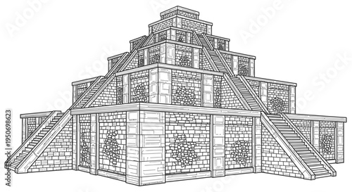 Ancient stepped pyramid illustration black and white architectural design
