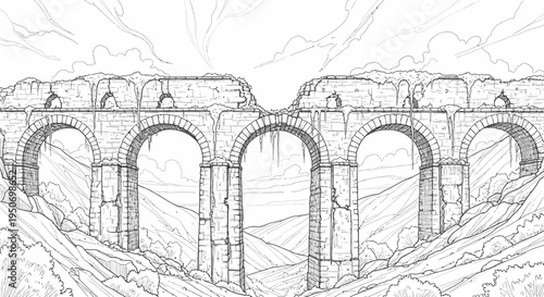 Ancient stone aqueduct architectural illustration against cloudy sky