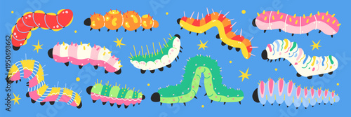 Colorful cute caterpillar set in cartoon style. Funny whimsical larvae with bright patterns. Playful vector illustration perfect for stickers, kids design and nursery decor.