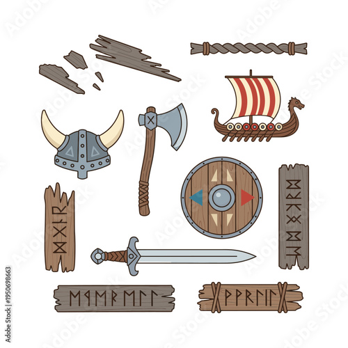 Illustrations representing ancient Norse warrior culture, including ship, weapon, armor, and runic symbols