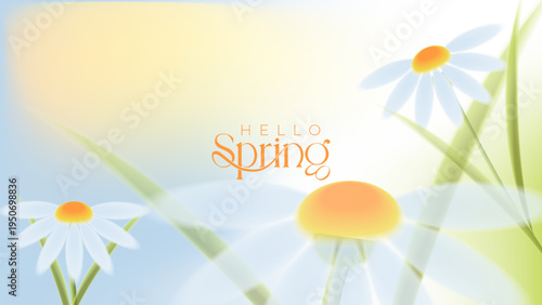 Soft pastel spring background with blooming chamomile daisies, warm sunlight and fresh green leaves. Minimal floral illustration with “Hello Spring” text, ideal for seasonal banners, greeting cards