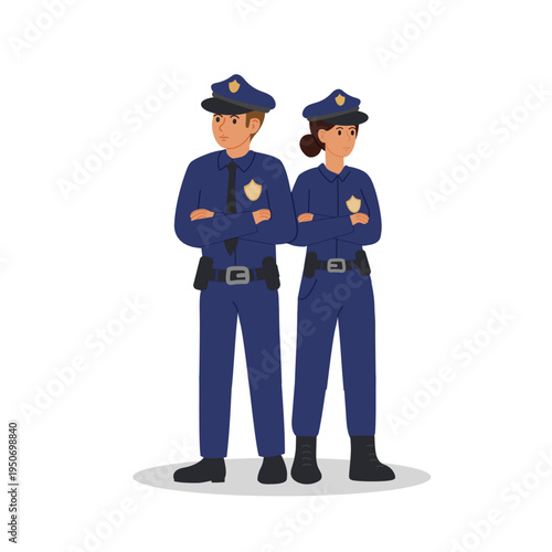 Two brave police officers on guard. Man and woman in blue police uniform standing full height and strictly maintaining order